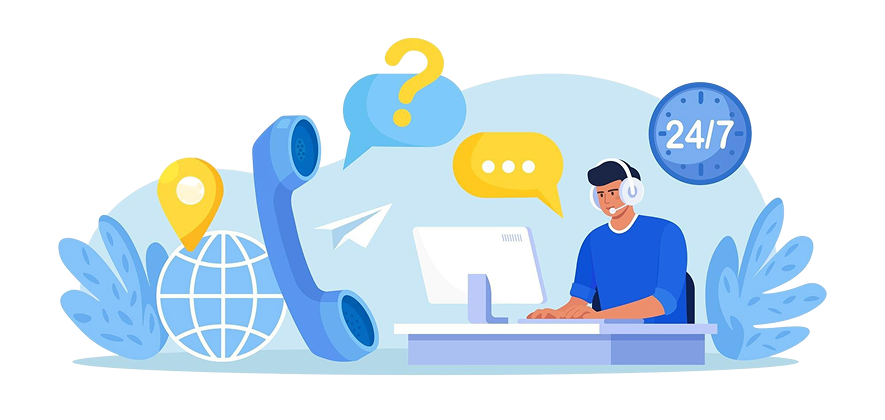 Illustration of a support agent at desk with headset, computer, phone, globe, location pin, speech bubbles and 24/7 clock — representing expert assistance